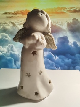 Figurka anioła biały z srebrnym brokatem ceramika