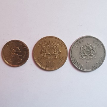 Monety Maroko 5 i 20 centymów 1974 i 1 dirham 1987