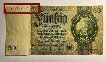 50 Marek D Niemcy Reichsmark ciekawy numer z 1933r