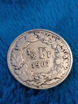 1/2 franka szwajcaria 1907 Srebrna (rzadki) 