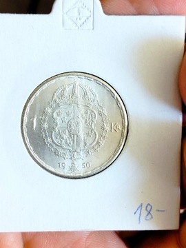 Szwecja 1 korona 1950 srebro piękna