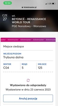 Bilet na koncert Beyonce 27.06(wtorek) Warszawa