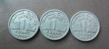 3 x 1 Frank Vichy Francja 1942,1943,1944r Bazor