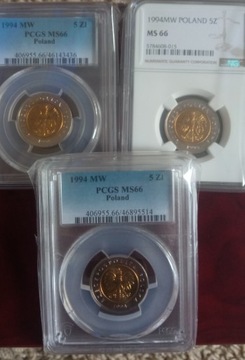 5 zł 1994 ngc, pcgs ms 66 - 3 szt 