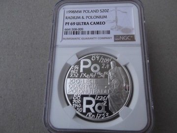 20 zł. 1998 Odkrycie Polonu i Radu NGC PF69