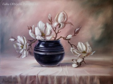 Kwiaty Magnolia, obraz olejny, L. Olbrycht