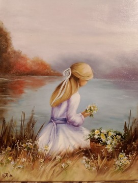" Dziewczynka z kwiatami " obraz olejny .
