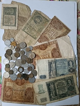 Zestaw starych banknotów i monet 