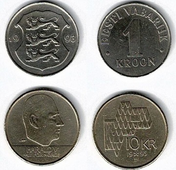 10 koron norwegia i 1 kroon Estonia 1993