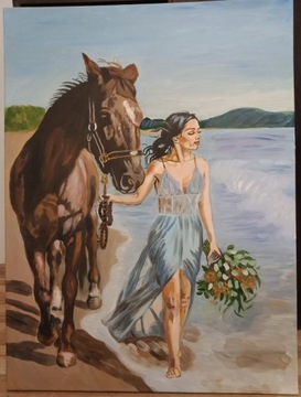 Kobieta koń morze obraz olejny