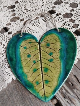 Ceramiczny dekor na ścianę,serce,liść, rękodzieło 