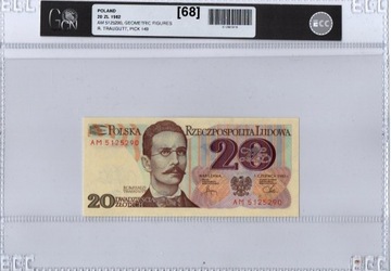 Banknot 20 zł z 1982r. seria AM (dwuliterowa), UNC w gradingu 68