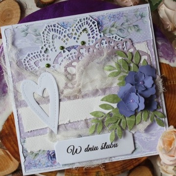 Kartka handmade w dniu ślubu fioletowa kwiaty