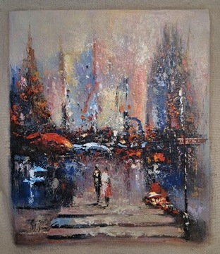 Abstrakcja miasto obraz olejny płótno 50cm x 60cm 