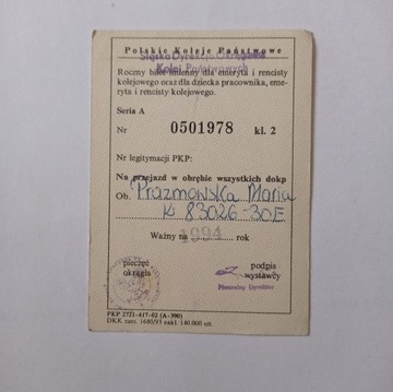 Stary bilet kolejowy roczny imienny PKP 1994 rok