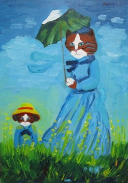Kotka z parasolem wg Monet, 42x29,7, kot, koty
