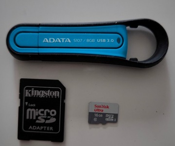 Pendrive 8 GB, karta SDHC SanDisk 16GB, adater