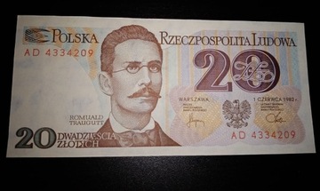 Banknot 20 złotych z 1982 roku.