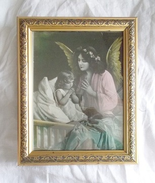 retro obraz z aniołem stróżem, aniołek obraz