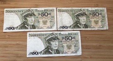 Komplet 3 banknotów 50zl 1988 seria KE