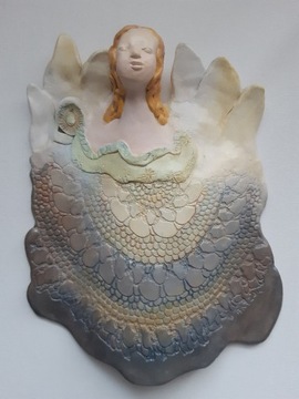 "Anioł" Ceramika Płaskorzeźba Hand Made wys.34 cm 
