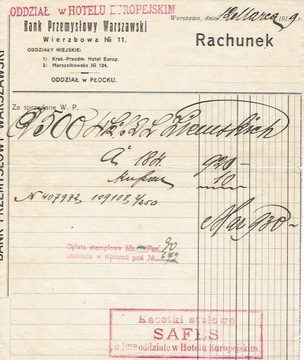 Warszawa, 1919, Bank Przemysłowy, Rachunek
