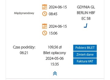 Bilet PKP Gdynia-Berlin Hauptbahnhof 15.06