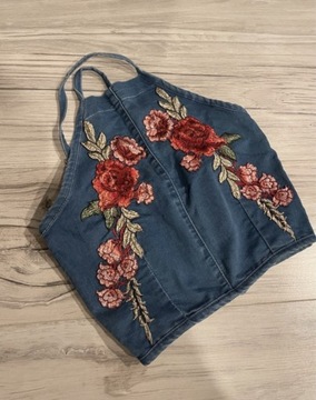 Crop top jeansowy haftowane kwiaty Parisian XS