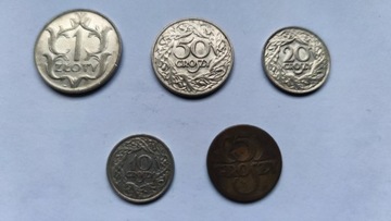 1 złoty 1929, 50,20,10 i 5 groszy 1923 rok zestaw