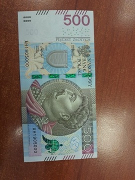 Banknot 500 zł UNC  seria AH1905000