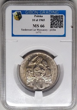 10 złotych 1965 MS66 PRÓBA 