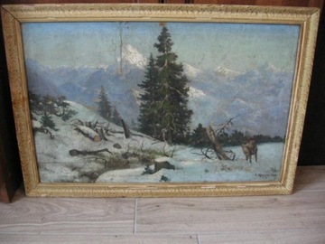 Stary obraz na płótnie - zimowy górski pejzaż