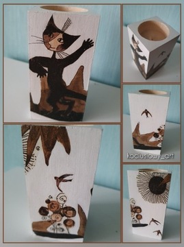 Mały świecznik drewniany decoupage kot 10 cm