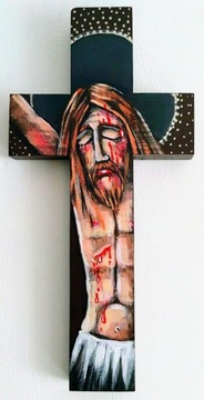 Krzyż drewniany ręcznie malowany (rękodzieło).