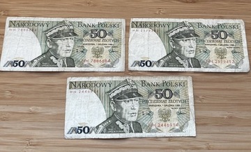 Komplet 3 banknotów 50zl 1988 seria HH