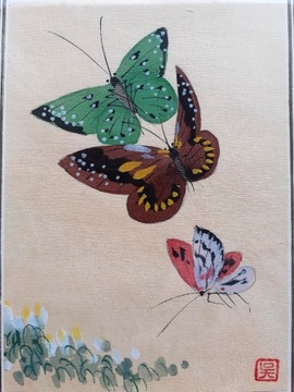 Obraz japoński, gwasz na jedwabiu, Motyle 9x13cm.