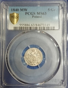 5 groszy 1840 r. Królestwo Polskie PCGS MS63