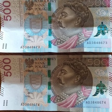 2 banknoty 500 zł sera AD kolejne numery