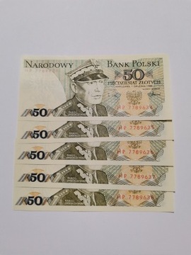 Banknoty 50zł.'88r. destrukty drukarskie UNC, 5szt