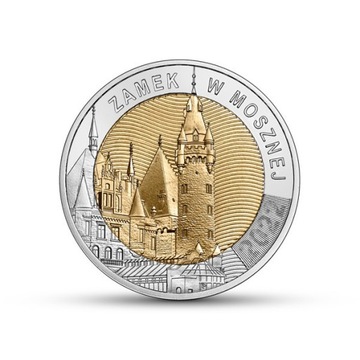 5 złotych Zamek w Mosznej, 5 sztuk + folder NBP