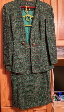 Tweedowy kostium garsonka vintage zielony, 38