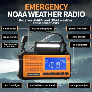 FosPower D8 radio awaryjne solarne z korbą, powerbank 10000 mAh, NOAA/Am/FM