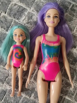 2 lalki Barbie mała i duża plażowe color reveal