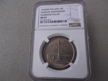 10 zł. 1965 Kolumna Zygmunta  NGC  MS65