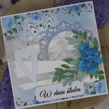 Kartka handmade w dniu ślubu niebieska kwiaty