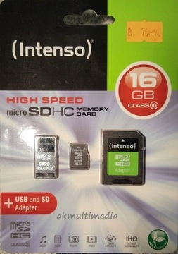 MicroSDHC INTENSO 16GB + adapterUSB Hi-Speed nowa