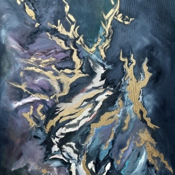 Abstrakcja olejna 50x80 cm złoty szary