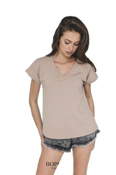 Beżowy T-shirt V Neck Basic Bopoco