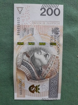 banknot 200 zł, numer kolekcjonerski, nowy