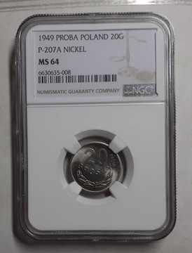 Próba NIKIEL 20 groszy 1949 NGC MS64